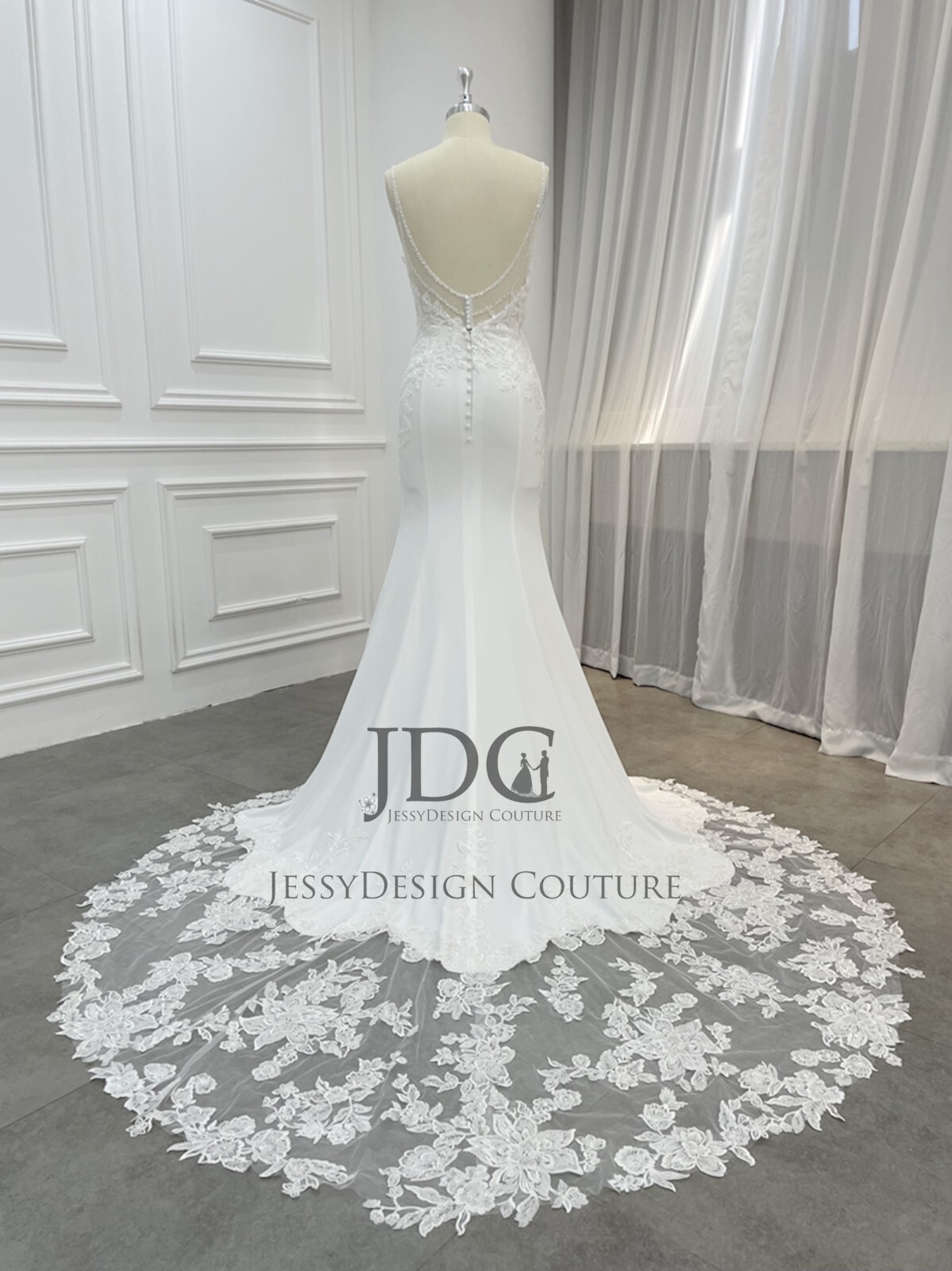 Crepe Plunging Lace Wedding Dress Bridal Gown Custom made Cut-out-train Ivory