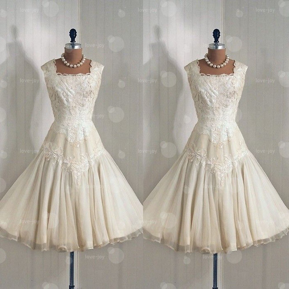 Wedding Dress with Square Neck Cap Sleeve Lace Appliques Tea Length Bridal Gowns