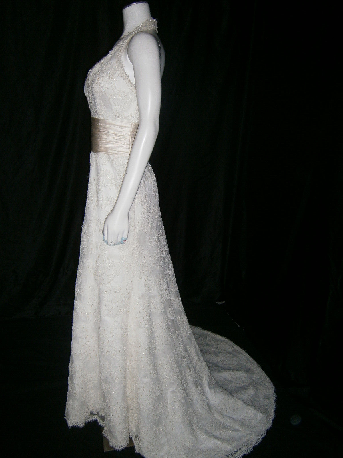 Alfred Sung Wedding Dress 8 Ivory Lace Halter Champagne Ruched Belting Ballgown