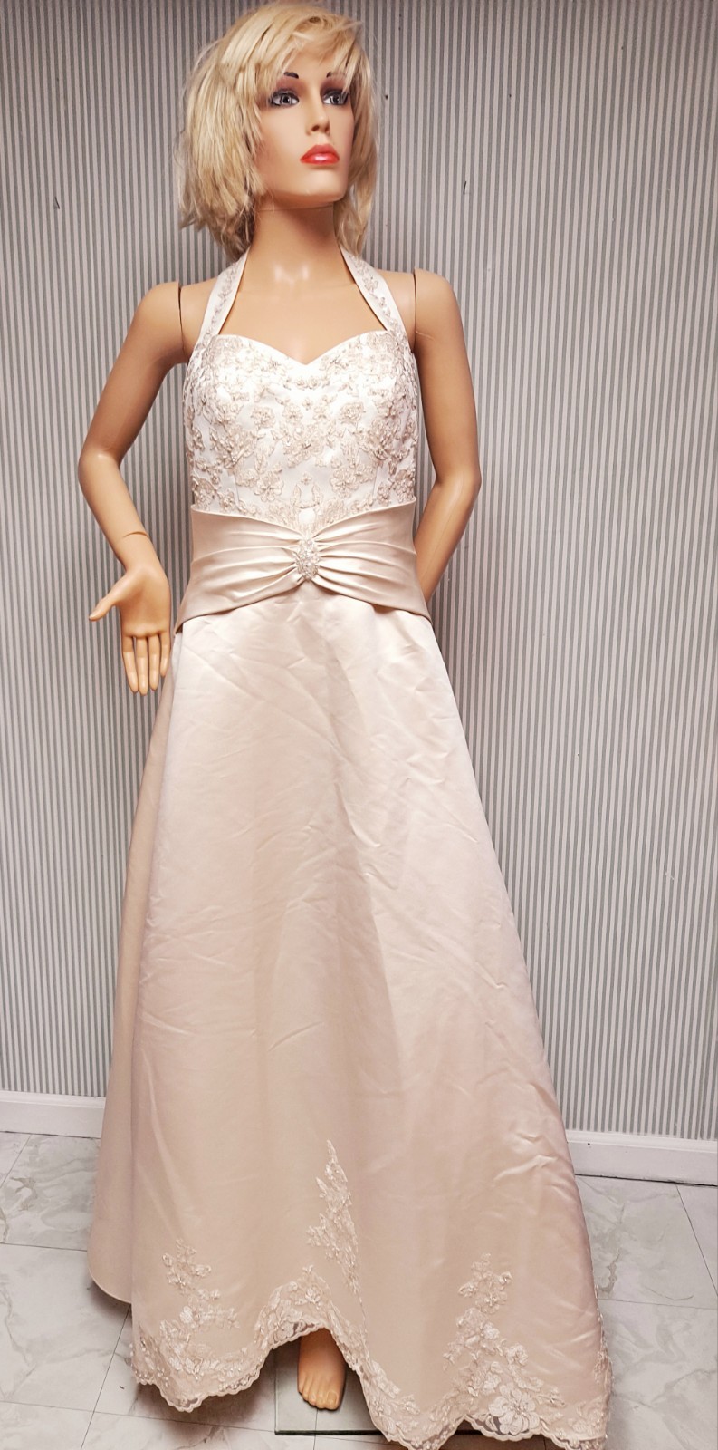💖Vintage Davids Bridal Ivory Halter Neck Beaded Formal Wedding Dress Size-8