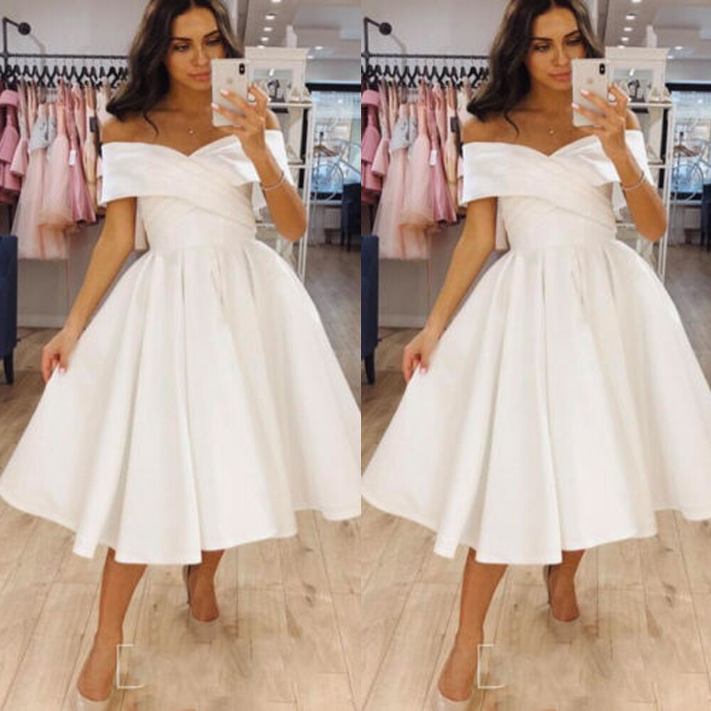 White Short Wedding Dresses Satin Off the Shoulder Knee Length Bridal Gown