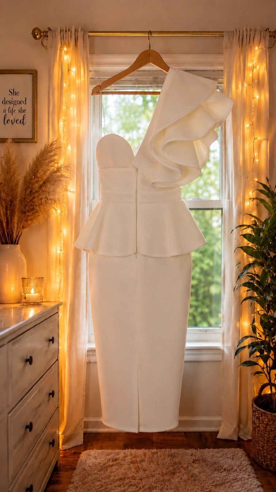 Wedding Dress Size 6 Ivory One-Shoulder Ruffle Peplum Midi