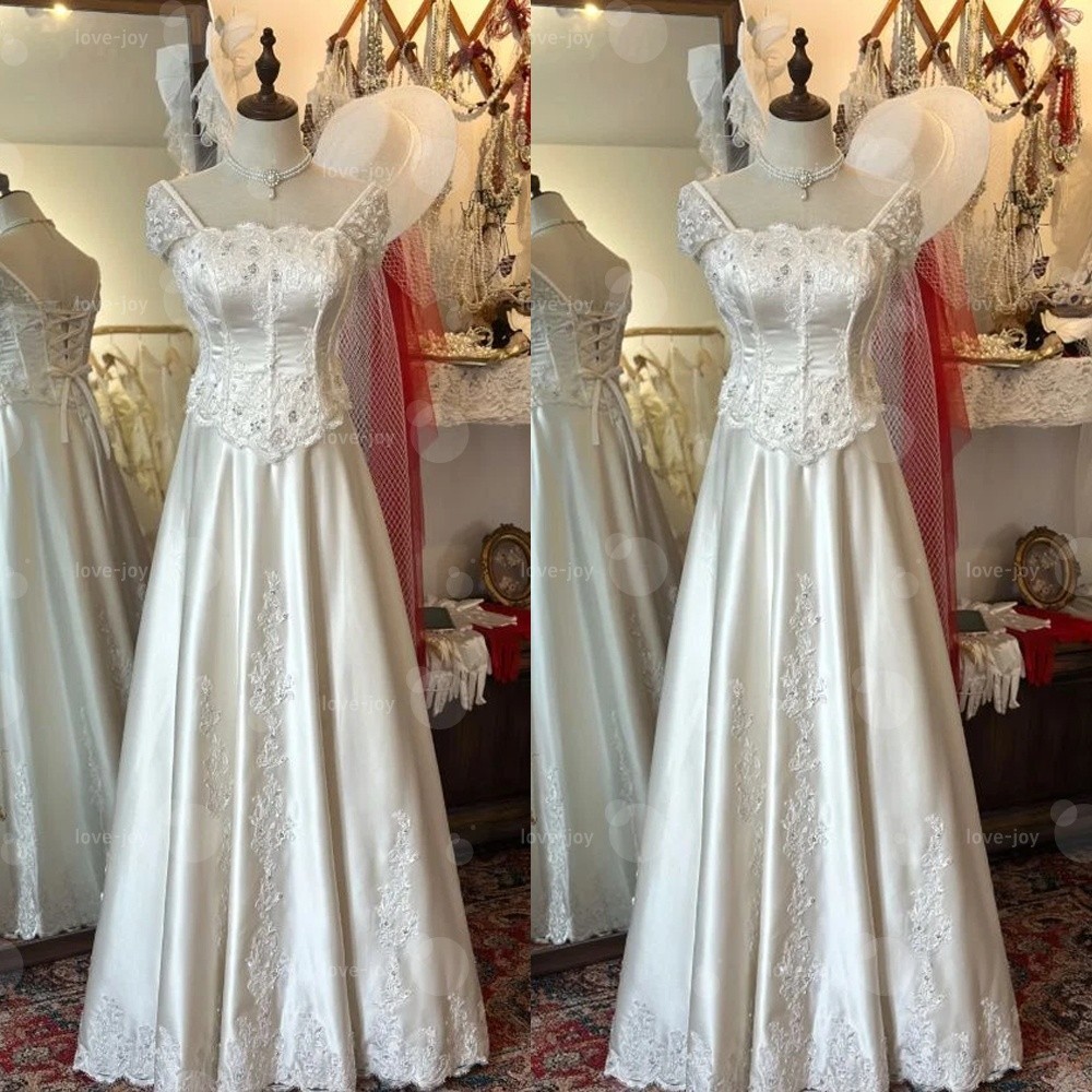 Satin Wedding Dresses Lace Appliques Square Neck Off-the-Shoulder Bridal Gowns