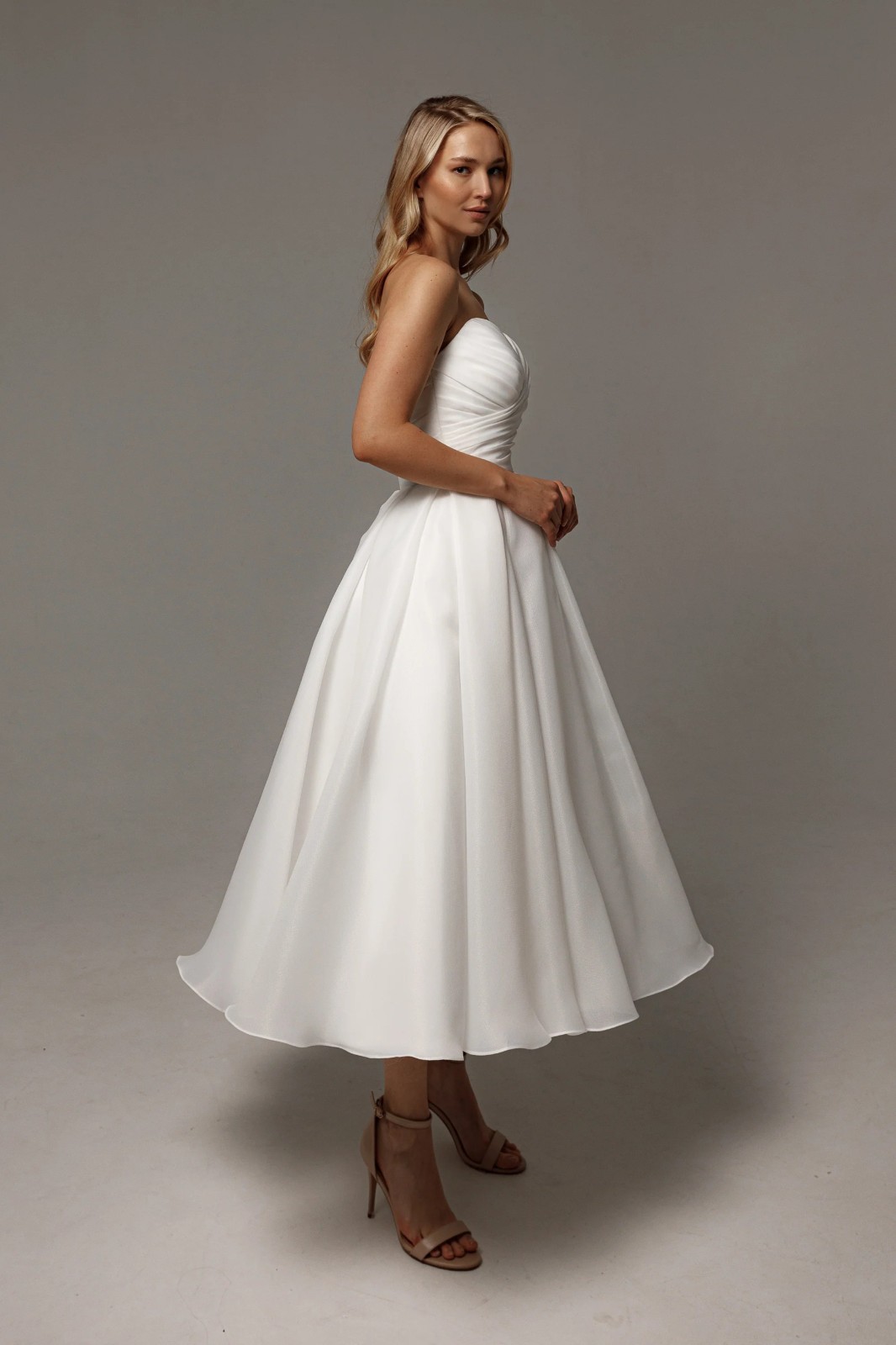 Ruched Short Organza Wedding Dress Civil Service Dress Off Shoulder Plain 32-60