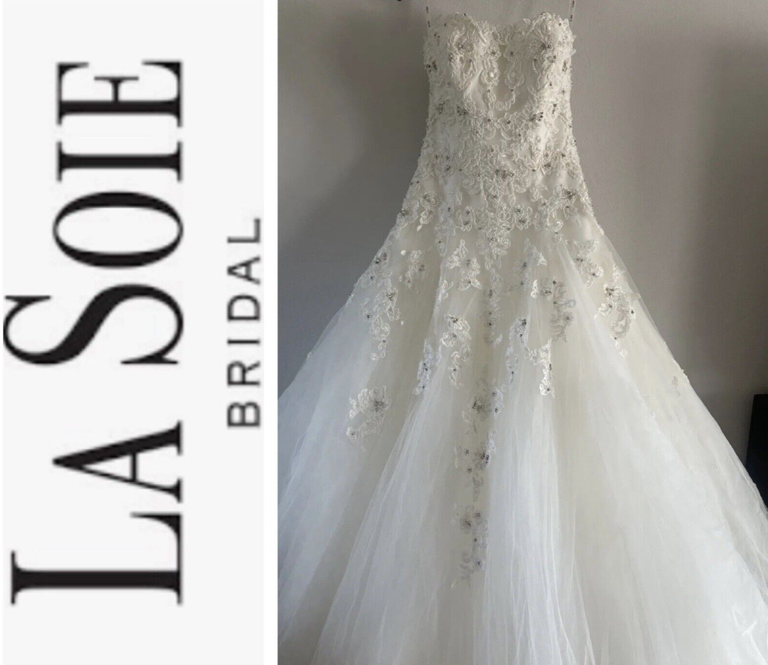 La Soie Bridal Wedding Gown White Tulle Ball Gown Strapless Crystals Beaded US 6