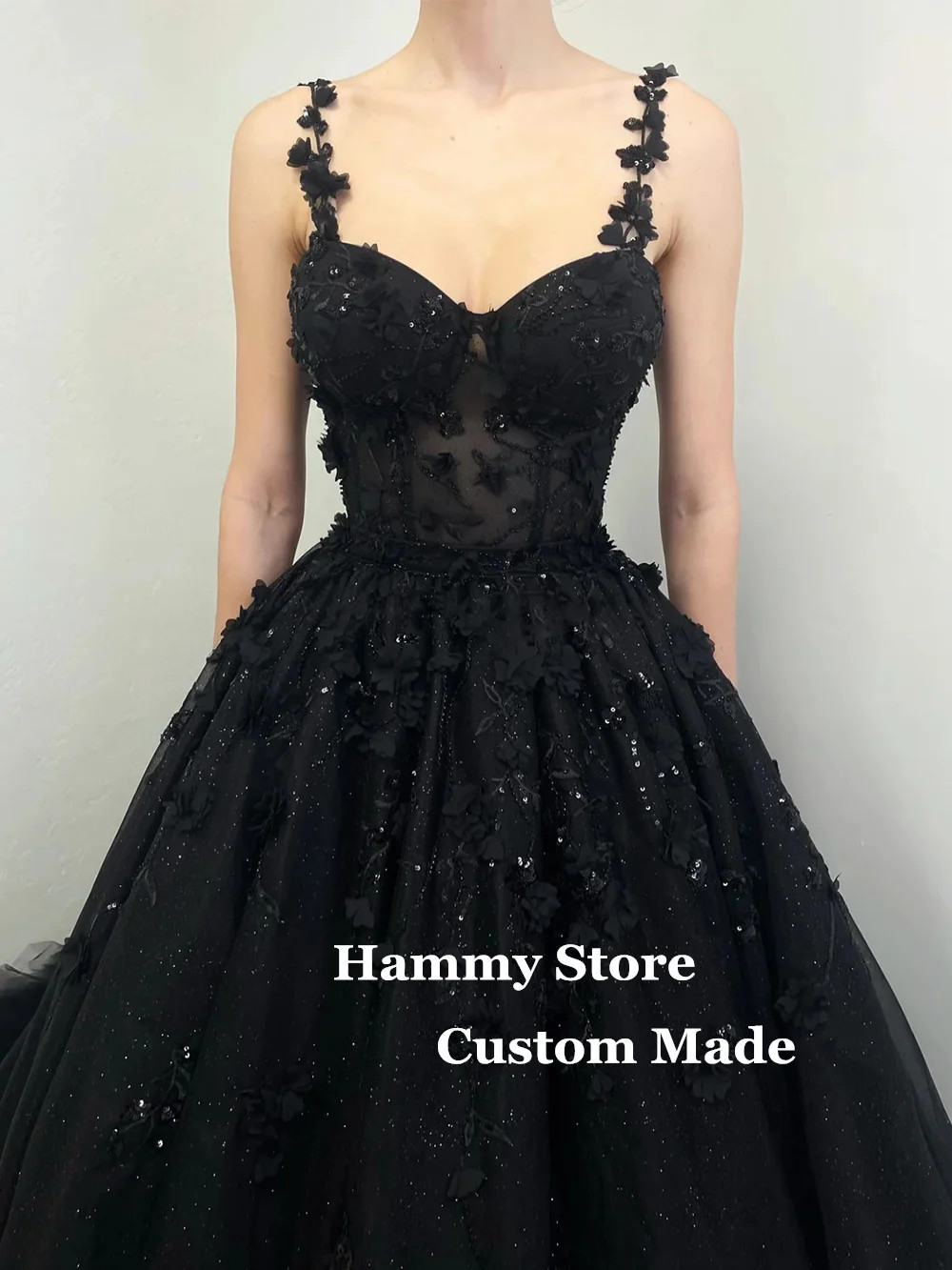 Luxury Black Wedding Dress Customiz Spaghetti Straps Sweetheart Sparkling Flower