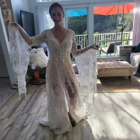 Boho Mermaid A-LIne Wedding Dress with Long Bell Sleeves V Neck and Beading