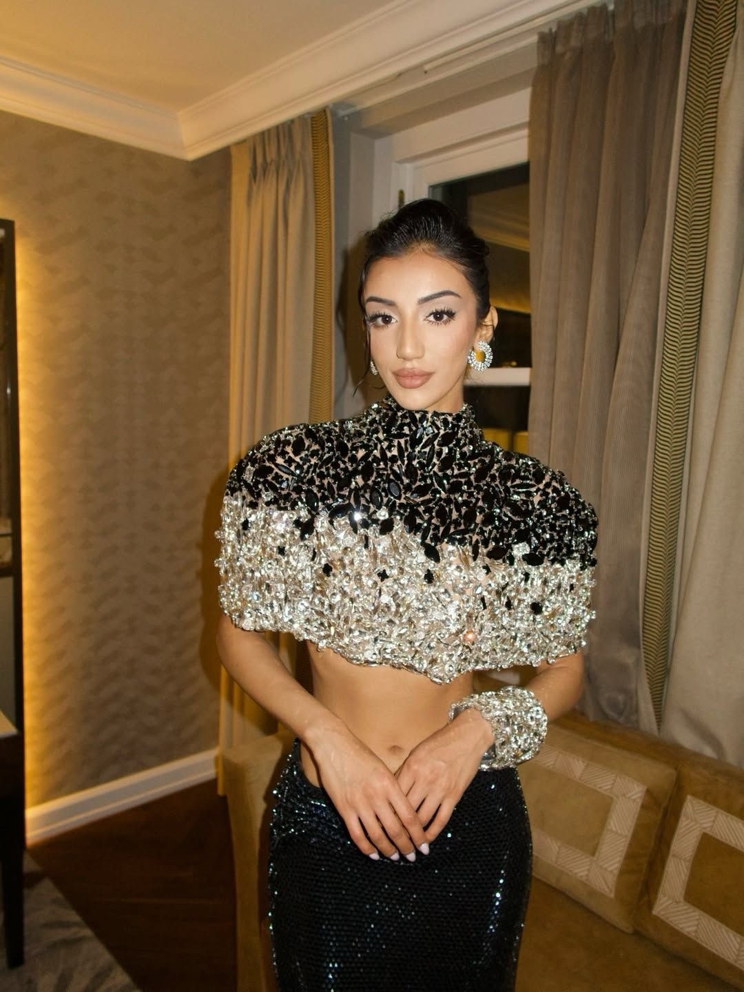 Crystal Beaded Bolero, Couture Design Shiny Black White Crystals