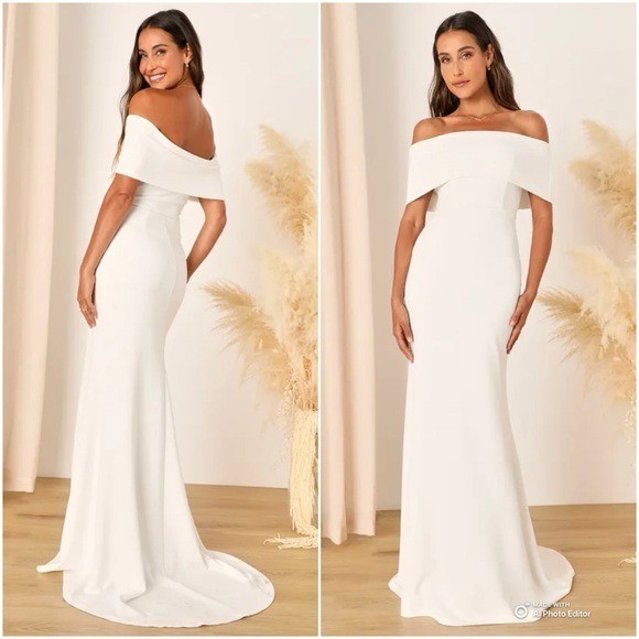 Lulus Small Exceptional Romance White Off-The-Shoulder Mermaid Wedding Dress NWT