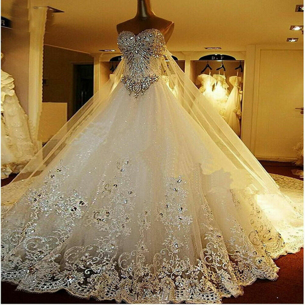 Luxury Crystal Sparkle Wedding Dresses Back Long Train Bridal Gown Strapless New