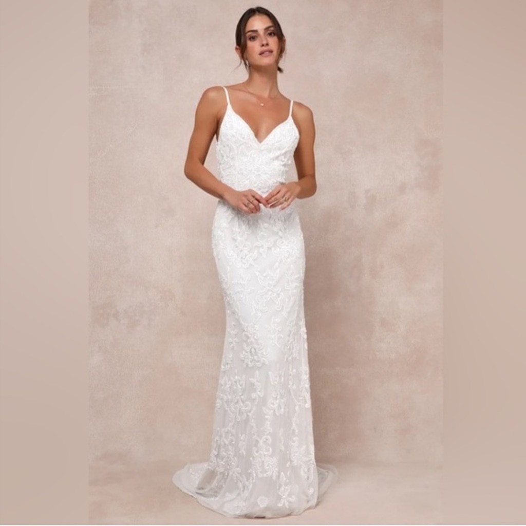 Lulu’s White Everlasting Passion Sequin Beaded Scoop Back Wedding Gown Size XL
