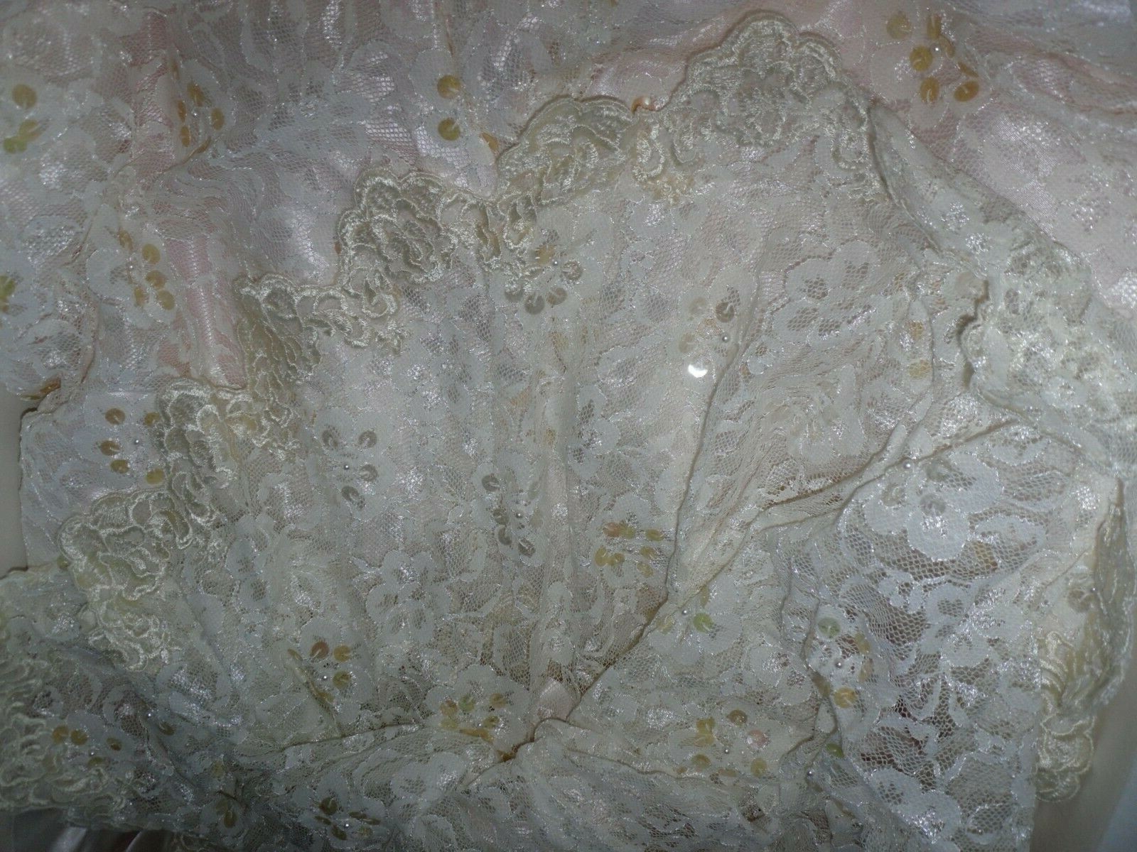 White With Pink, Lace & Beaded Long Sleeve Satin Wedding Dress From the 90’s