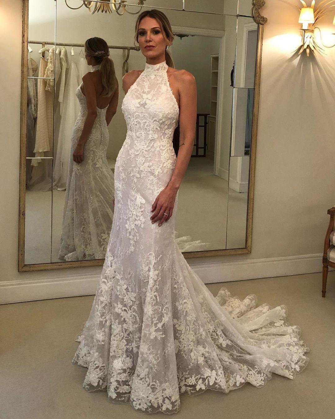 Mermaid Wedding Dresses Halter Neck Backless White Ivory Sweep Train Bridal Gown