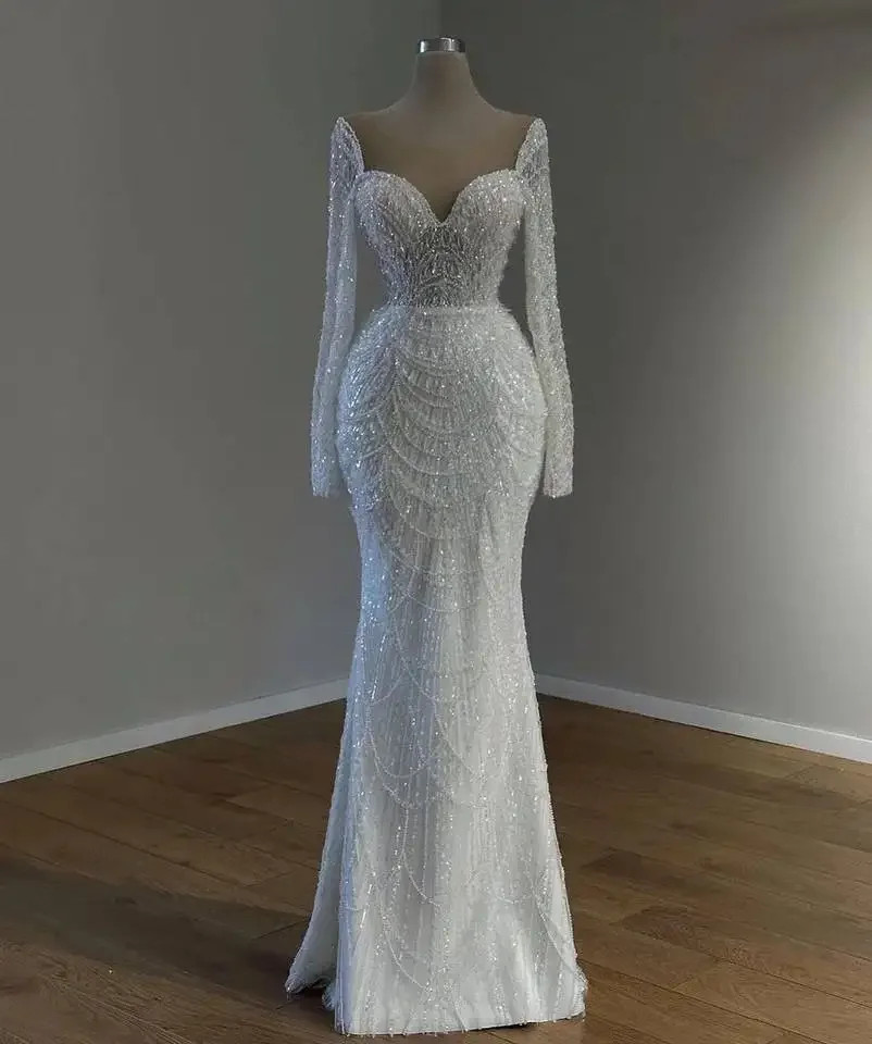 Custom White Mermaid Wedding Dresses With Detachable Train Long Sleeves Pearls