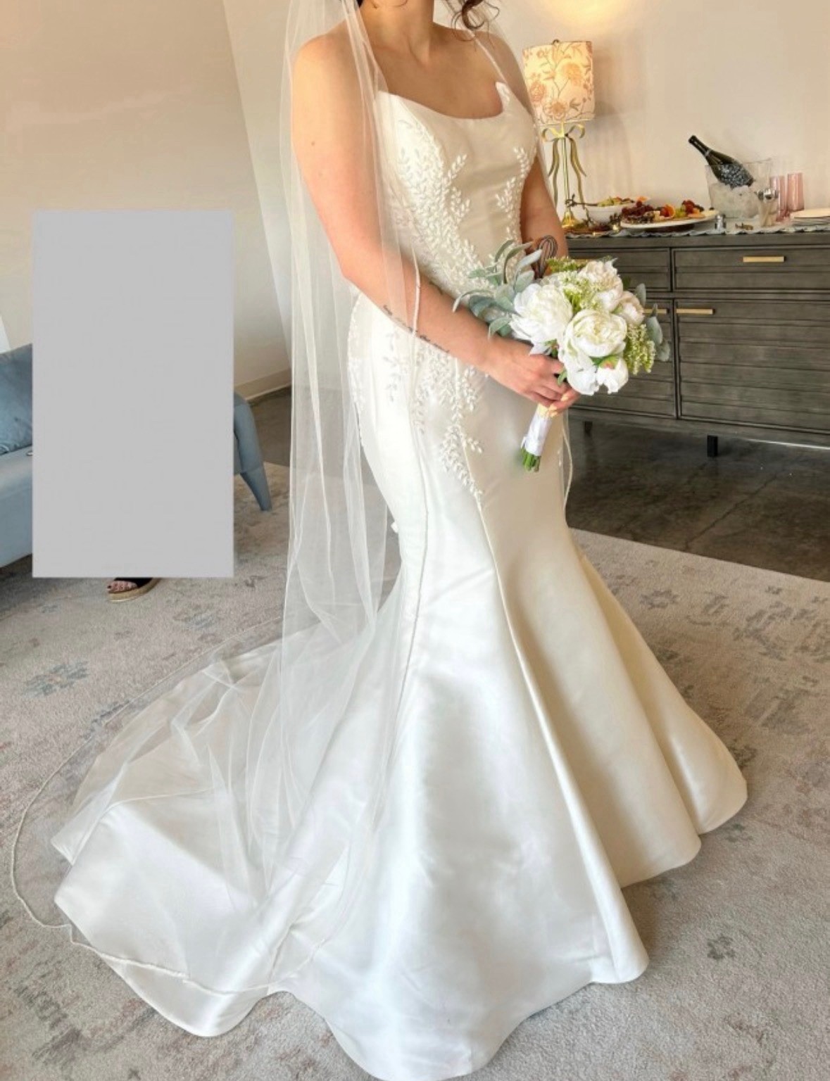 Dany Tabet Talia Ivory Mermaid Satin Wedding Dress Square Neck Size 12