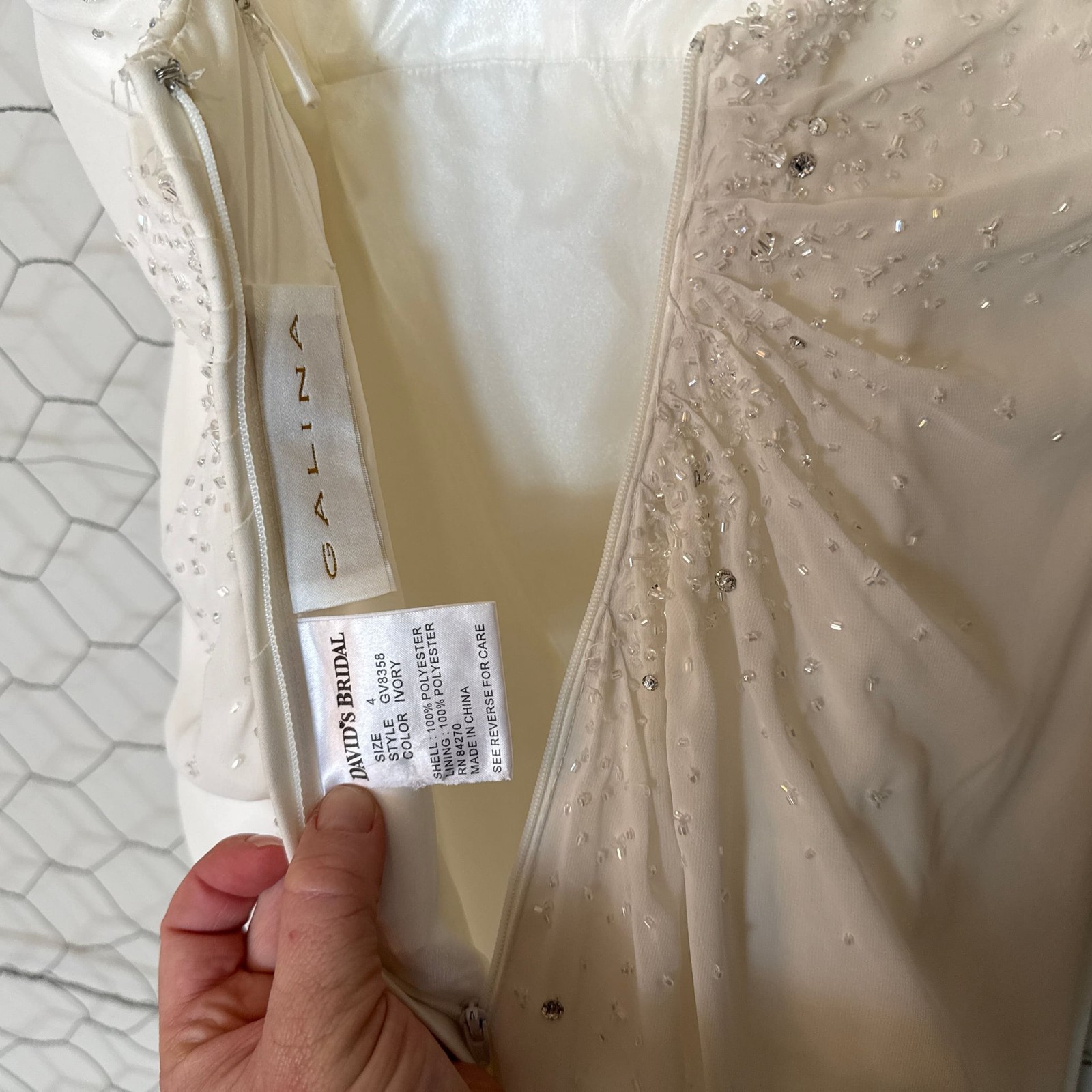Galina for David’s Bridal Ivory Beaded Chiffon Cowl Neck Wedding Dress Style GV8
