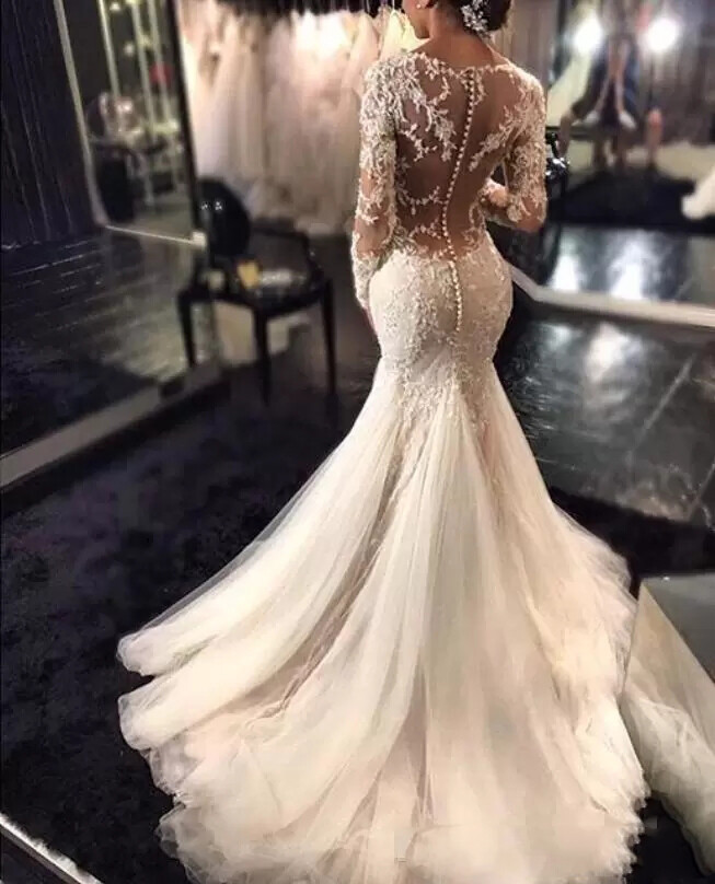 Mermaid V Neck Long Sleeve Wedding Dresses Beach Bridal Gowns Sweep Train White