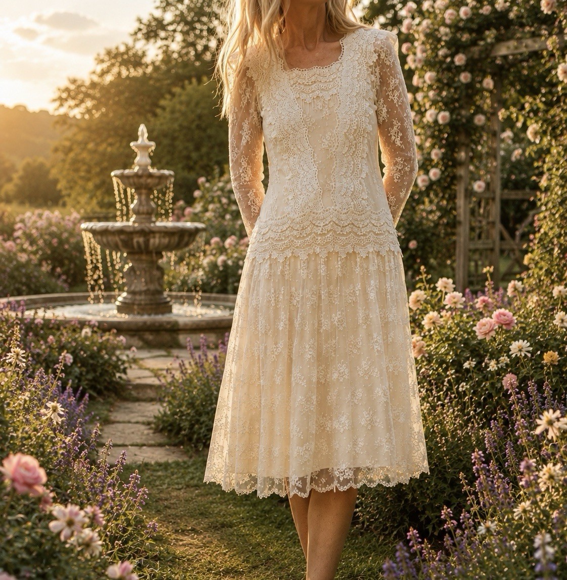Vintage Style Lace Wedding Dress Ivory Gatsby Edwardian Tea Length Bridal