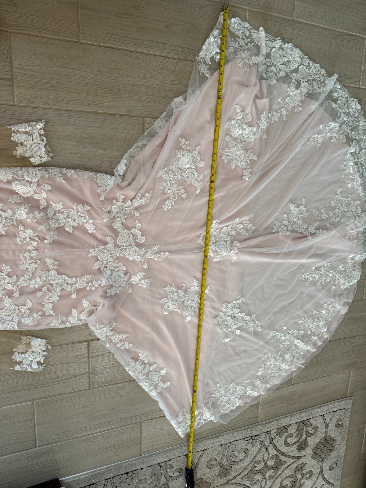CUSTOM MADE PEACH/BLUSH WEDDING DRESS WITH LINER, LACE & SILK COVERED BUTTONS