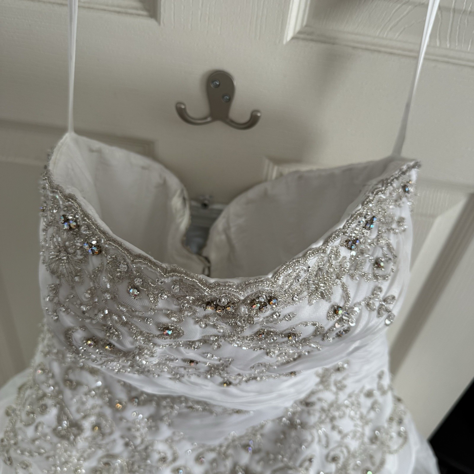 Allure Bridal Strapless Sweetheart Wedding Dress Chapel Train Satin Organza 8326