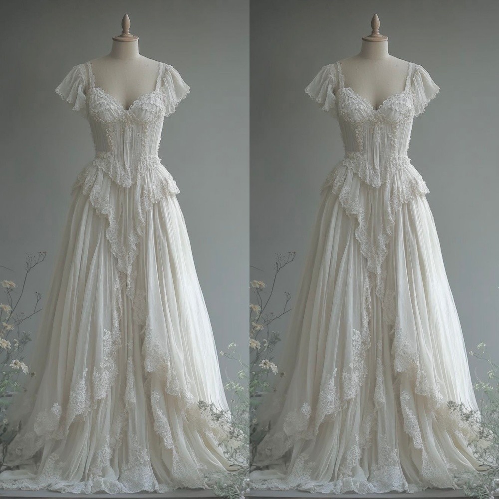 Vintage Wedding Dresses Lace Applique Ruffle Sleeve A-Line Dreamy Bridal Gowns
