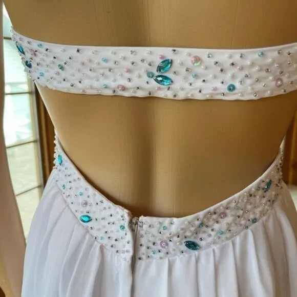 *White Chiffon Blue Pink Beading Strapless Wedding Gown Bridal Dress Size 12
