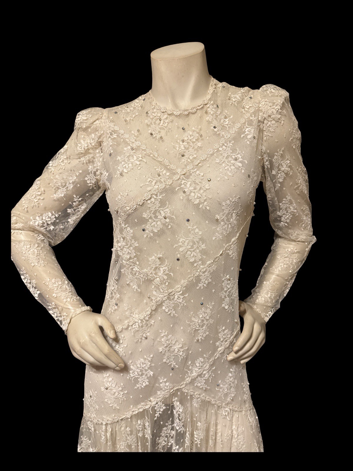 Vintage 80s Ivory Lace Dress Semi Sheer Tea Dress Edwardian Style Long Sleeve M