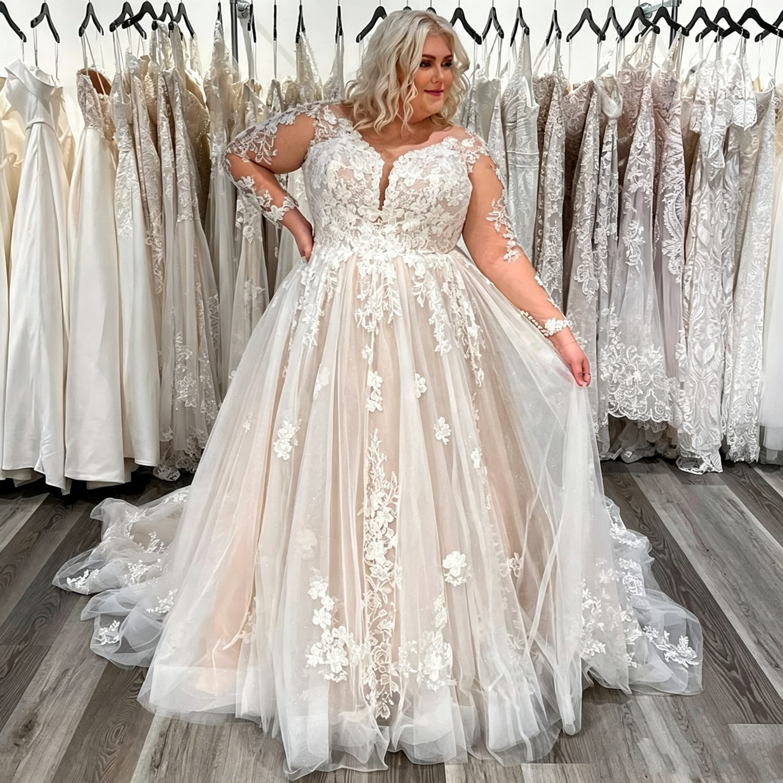 Classic Wedding Dresses Long Sleeves Plus Size Champagne Tulle Beach Bridal Gown