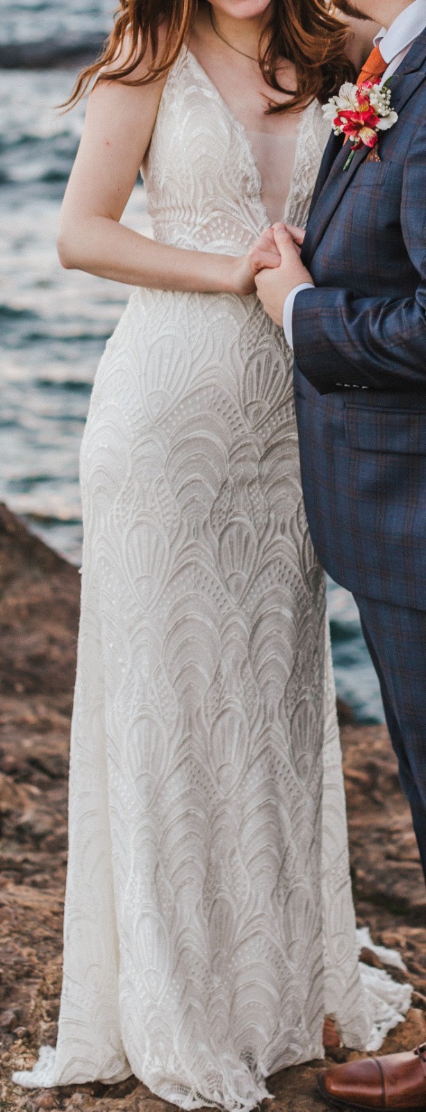 Jessica L’Amour Calla Blanche Wedding Dress – Size 2 Lace Beading Train Art Deco