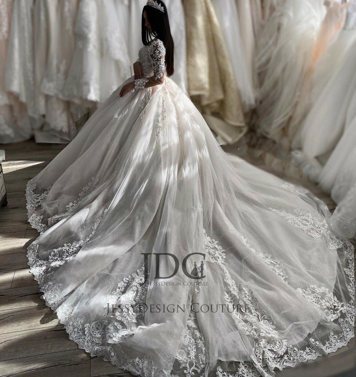 Sparkly Glam Lace Wedding Dress Ball Gown long sleeves Ivory Sequins Custom made
