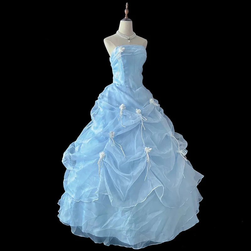 Princess Grass Green Lace Strapless Sleeveless Beading White Flower Bow Ruffles