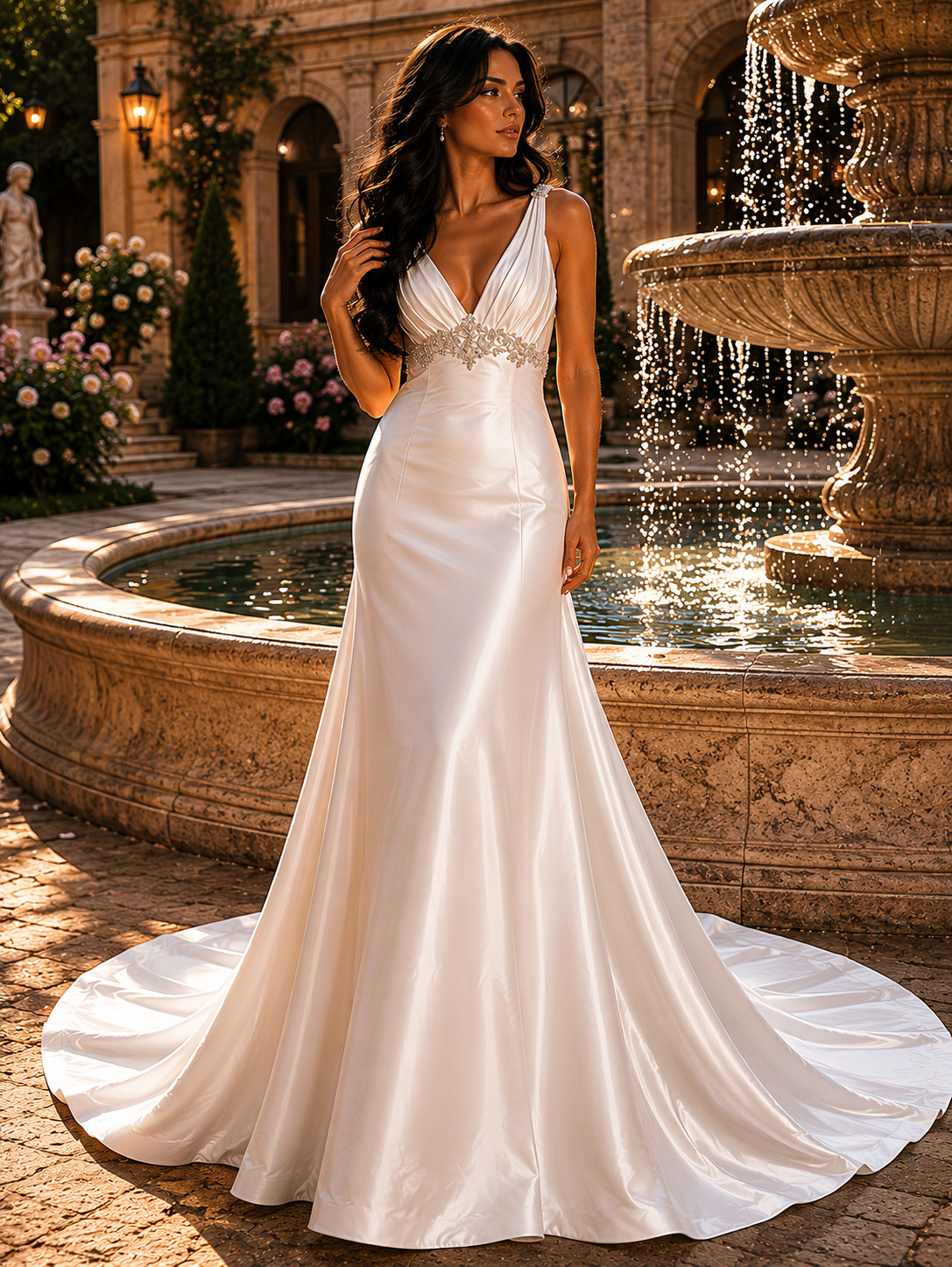 Wedding Dress 12 Ivory Satin A-Line Ruched Bling Plunging V Buttons Train 8953