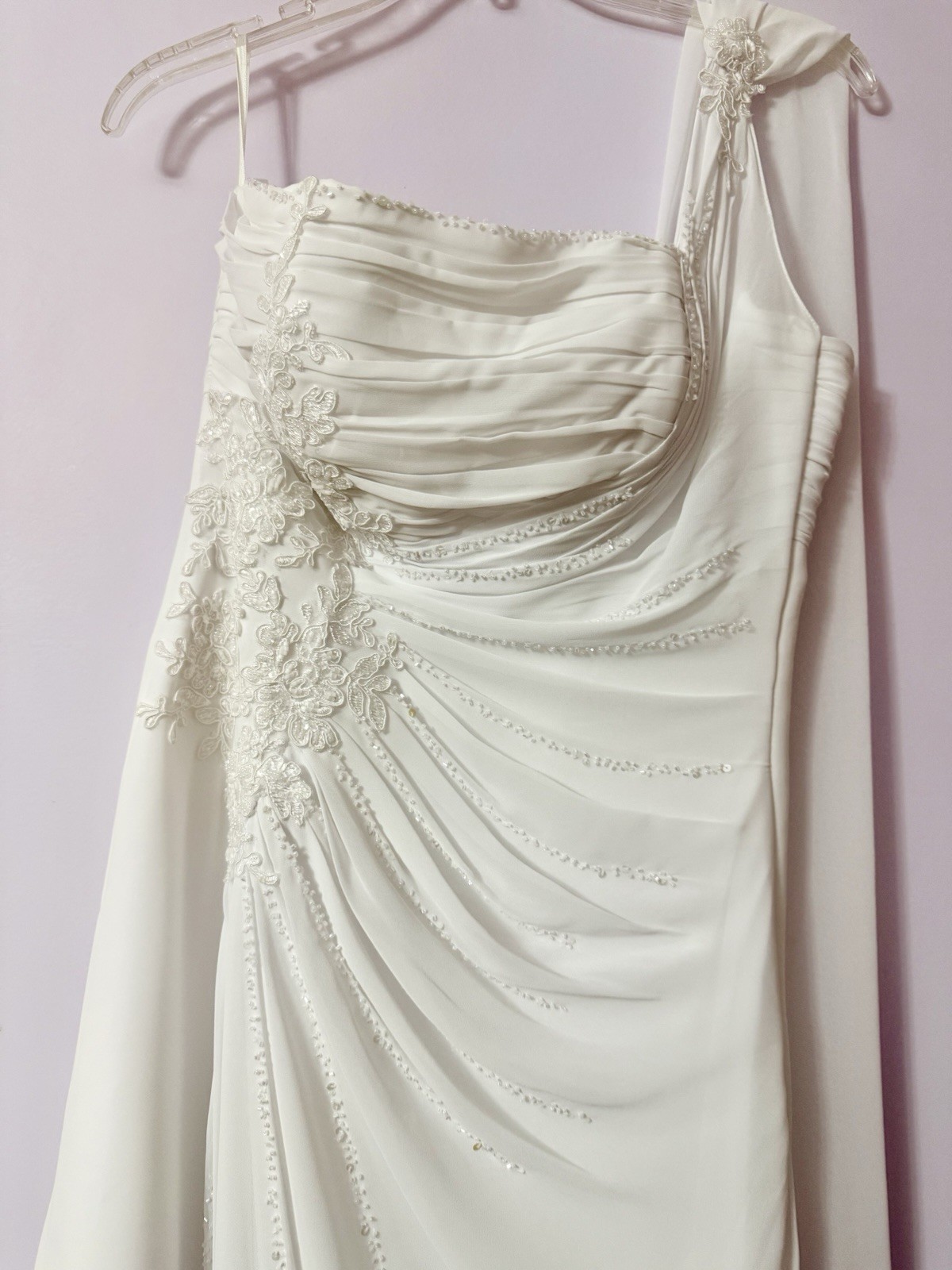 White Asymmetric One-Shoulder A-Line Chiffon Wedding Dress Lace Beading