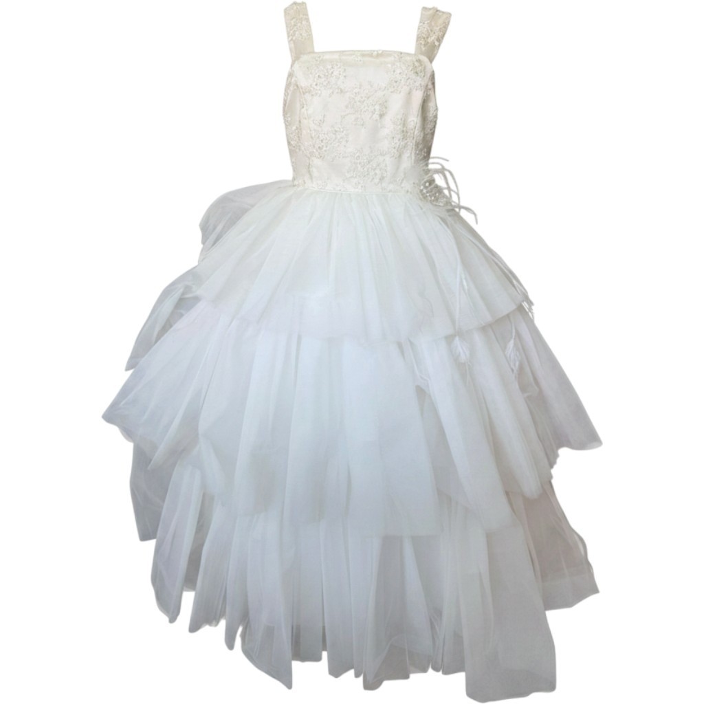 Vintage Tulle Beaded Tiered Ruffle A-Line Tea Length Wedding Dress Size 16 Bow