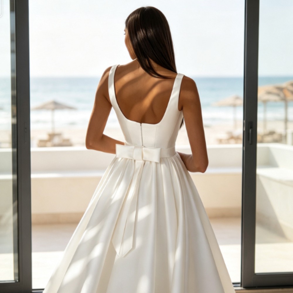 Simple Pleated Wedding Dresses Square Neck Sleeveless Backless Satin Bridal Gown