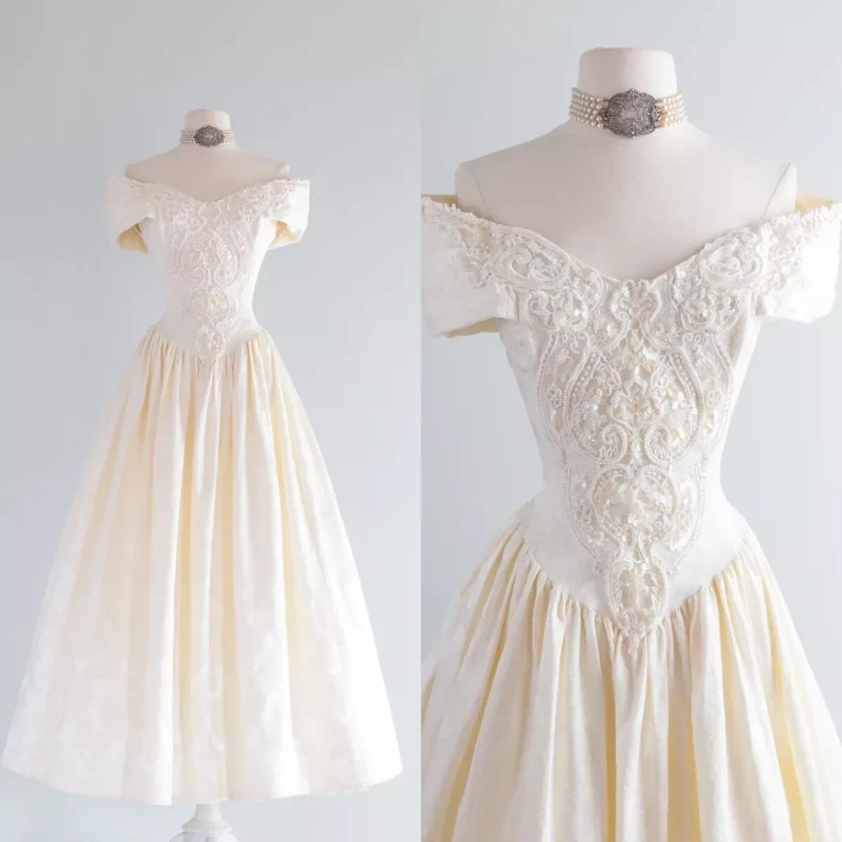 Vintage Champagne Wedding Dresses Off Shoulder Victorian 1960s Retro Ball Gowns