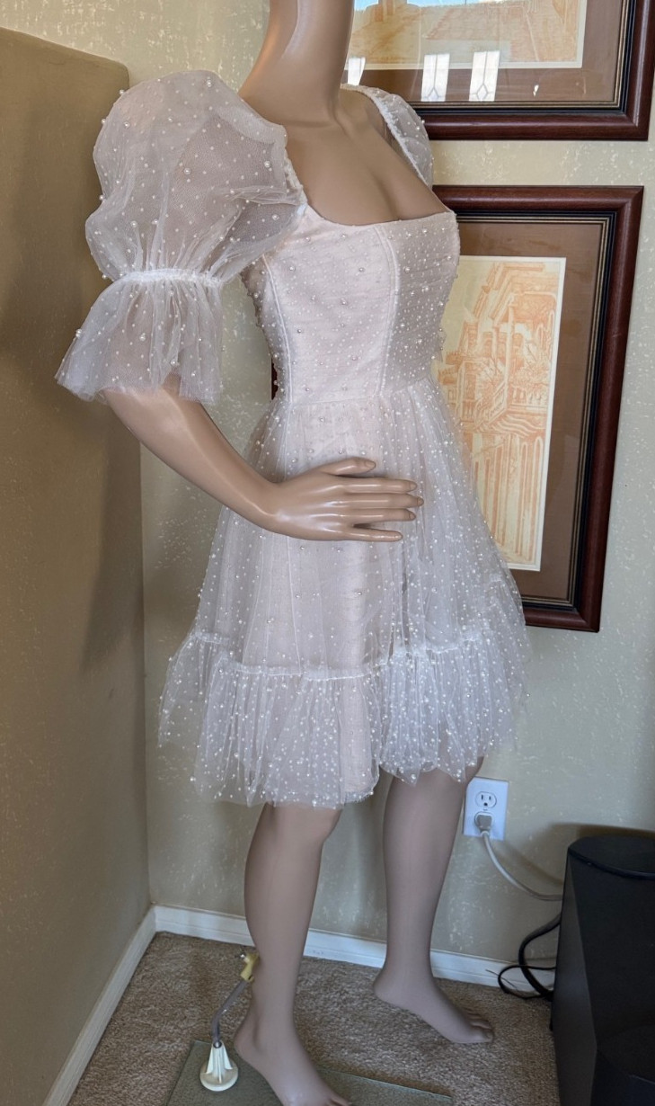 By Watters Macaron Ivory Blush Bridal Wedding Puff Sleeve Mini Dress sz 2 NWT
