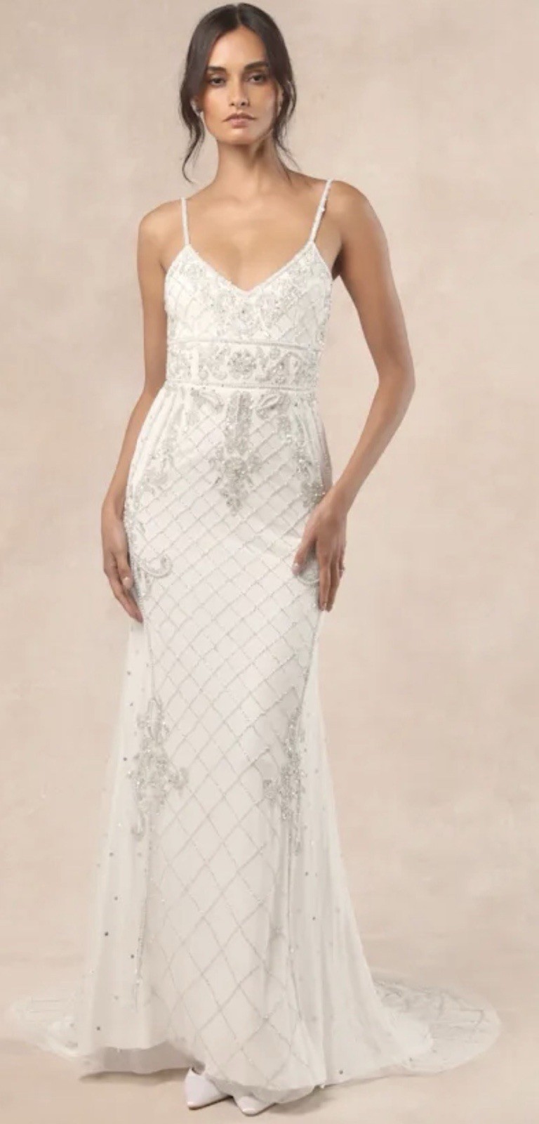 Lulus Luxe Bridal Ciella White Silver Beaded Mermaid Maxi Dress Wedding Gown M