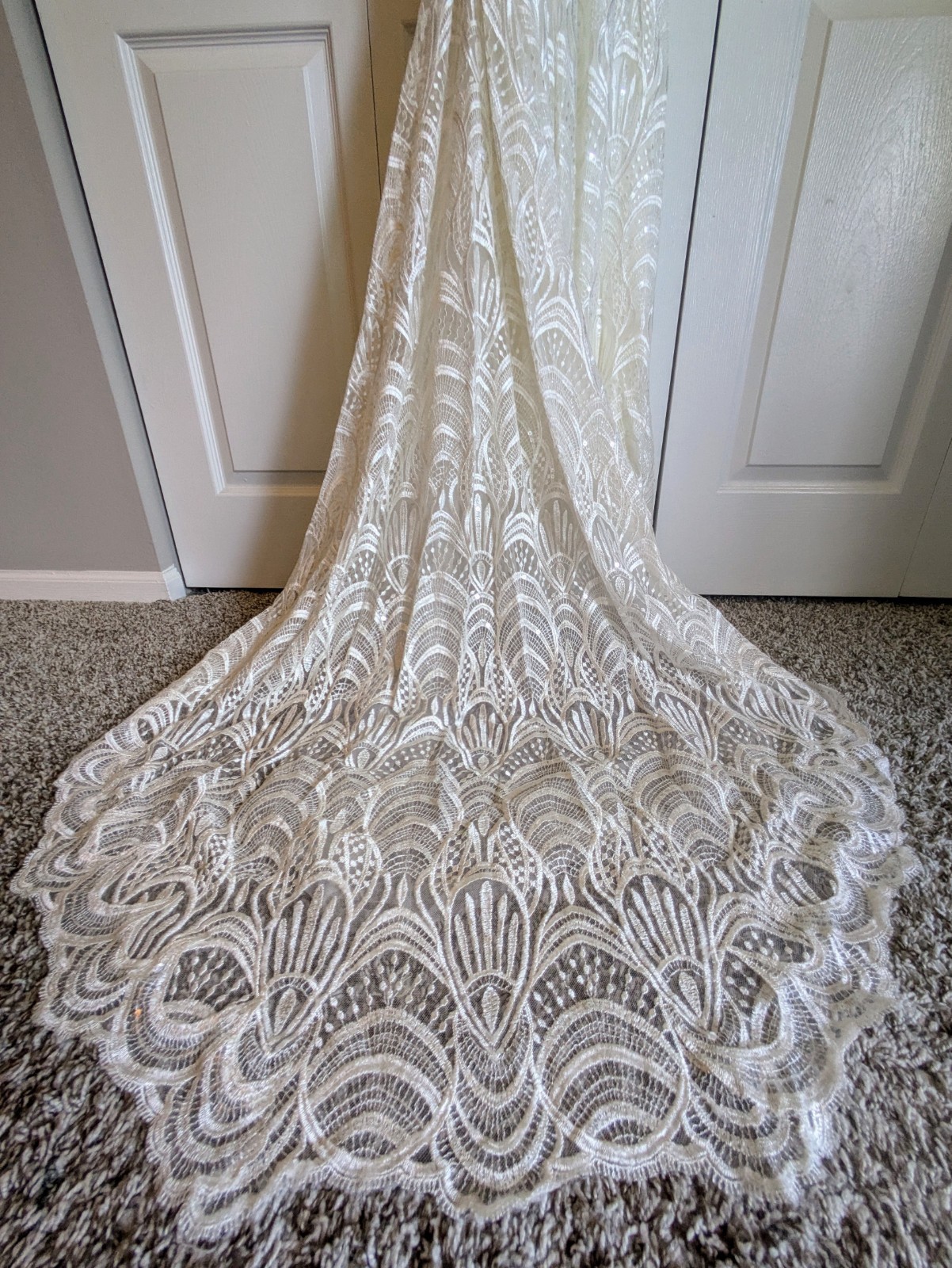 Jessica L’Amour Calla Blanche Wedding Dress – Size 2 Lace Beading Train Art Deco