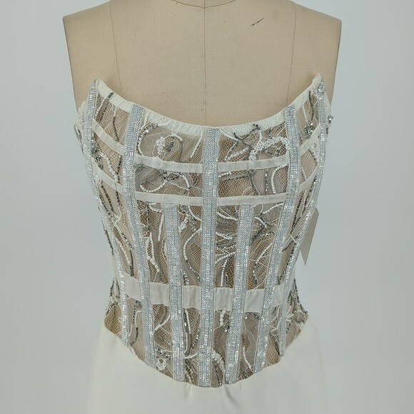 NEW Retrofete Beaded Lace Satin Dress White L bridal wedding sexy strapless