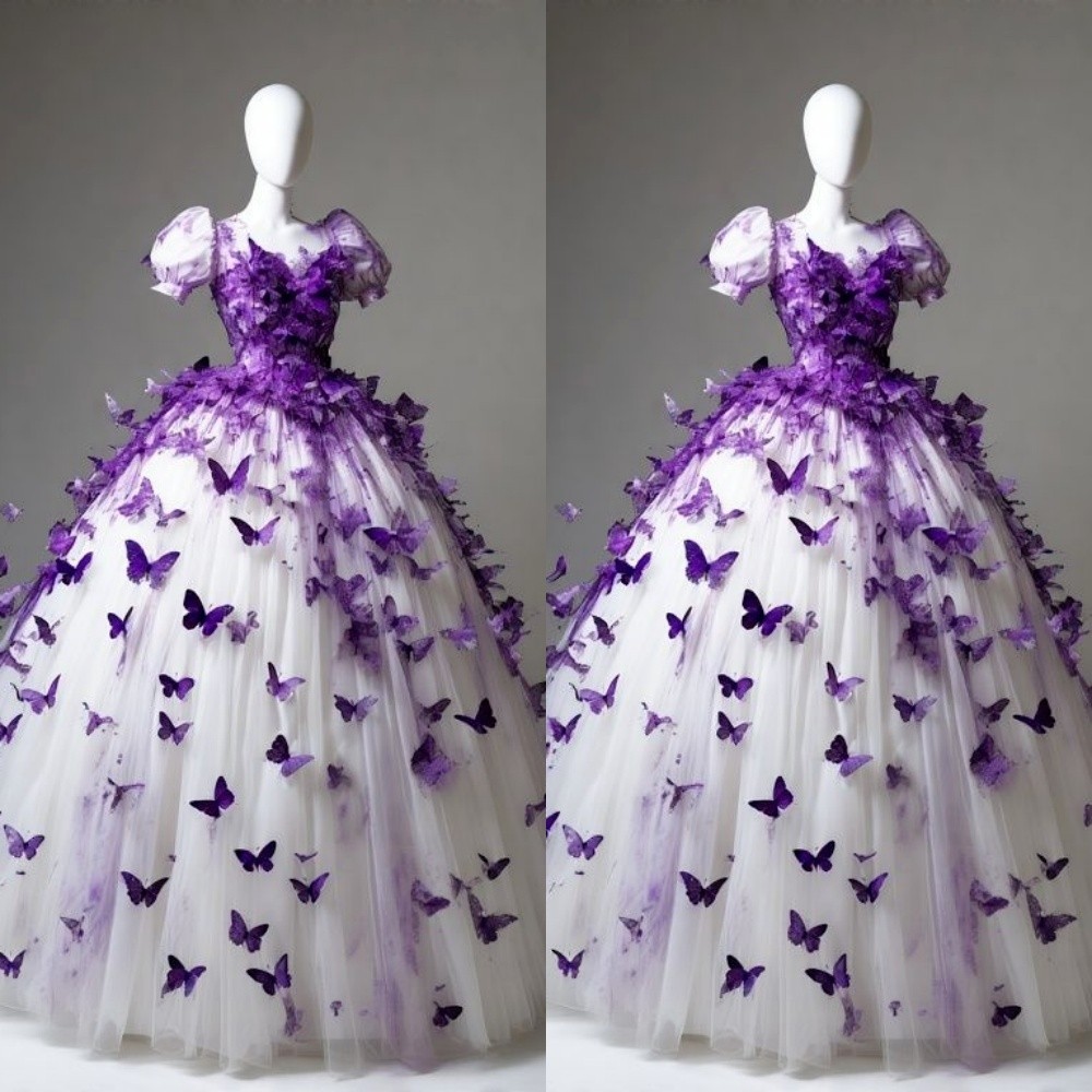 Gorgeous Fairy Wedding Dresses Short Sleeves 3D Butterfly A Line Bridal Gowns
