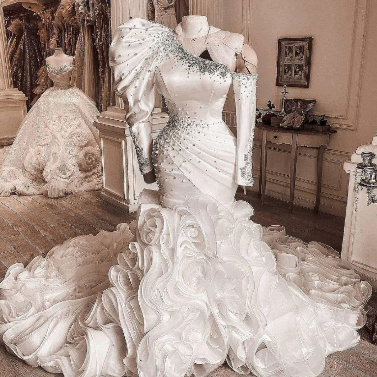 Luxury Satin Mermaid Wedding Dresses Buttons Back Ruffles Train Beaded Bridal