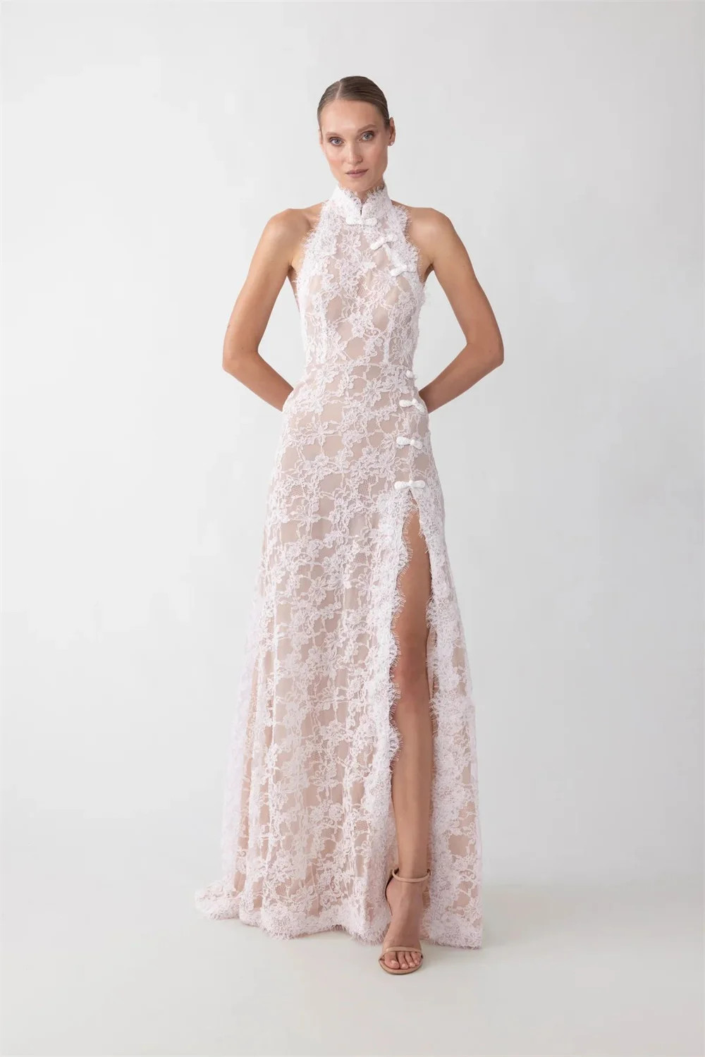 Customized White Halter Neck Wedding Dresses Sleeveless Side High Split Backless