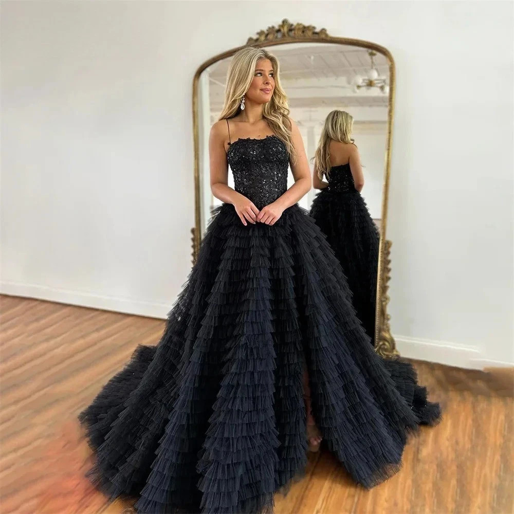 Gothic Wedding Dress Black Spaghetti Straps Sweep Train Tiered Layer Bridal Gown