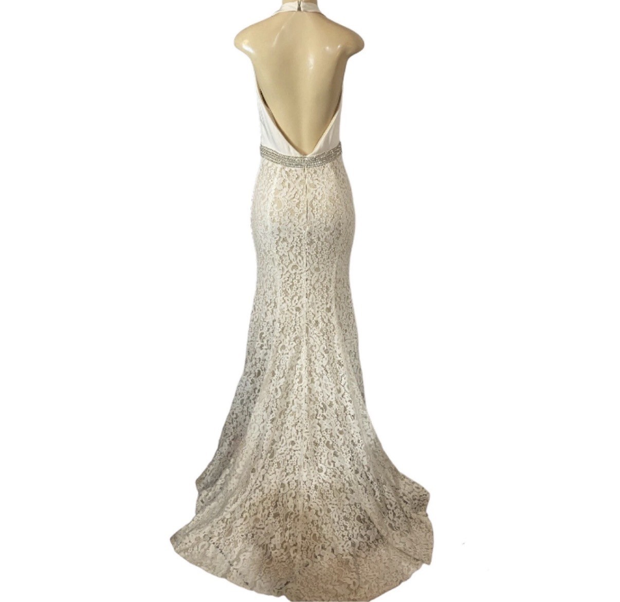 Azaria Bridal Gown Dress Satin halter V-Neck Beaded Belt Trumpet Lace Over Nude
