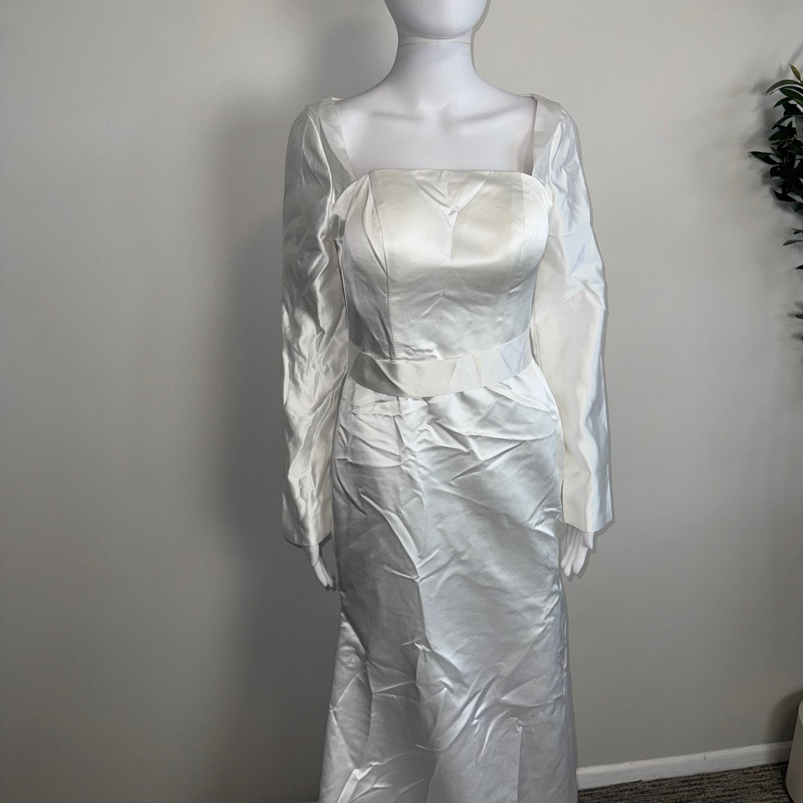Hebeos White Satin Wedding Gown Square Neck Open Back Mermaid Bridal Dress XS