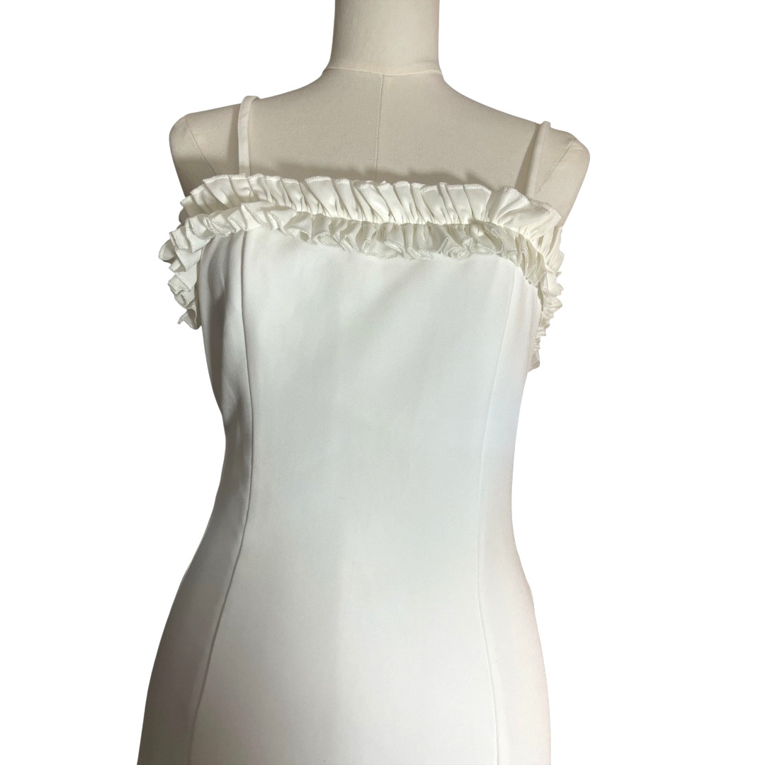 PrettyLittleThing White Ruffle Trim Midi Dress NWT Size 4 Romantic Slit Bodycon