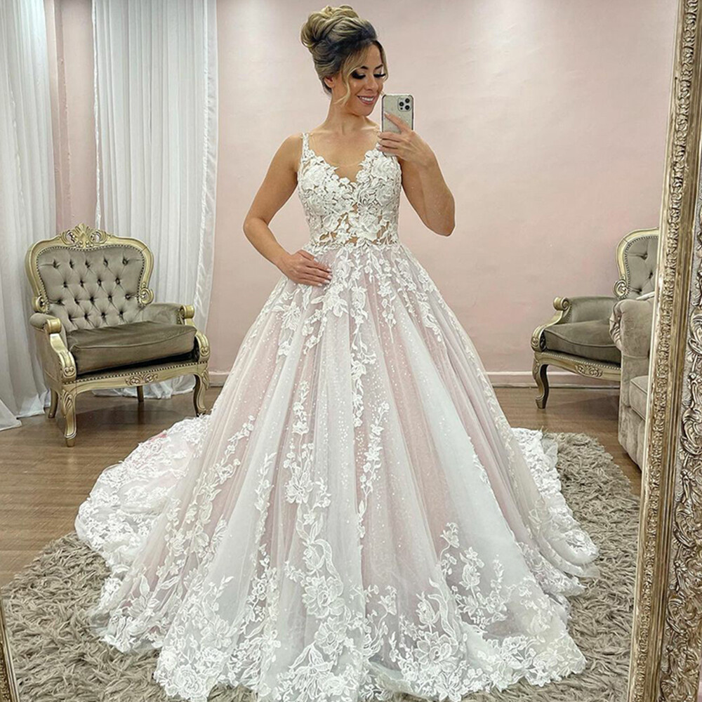 Spaghetti Strap Waist Pink Glitter Tulle Ball Gown Wedding Dress Bridal Train
