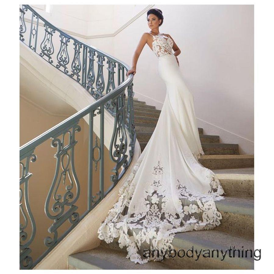 Spaghetti Strap Wedding Dresses Mermaid Train Bridal Gown Lace Satin White Ivory