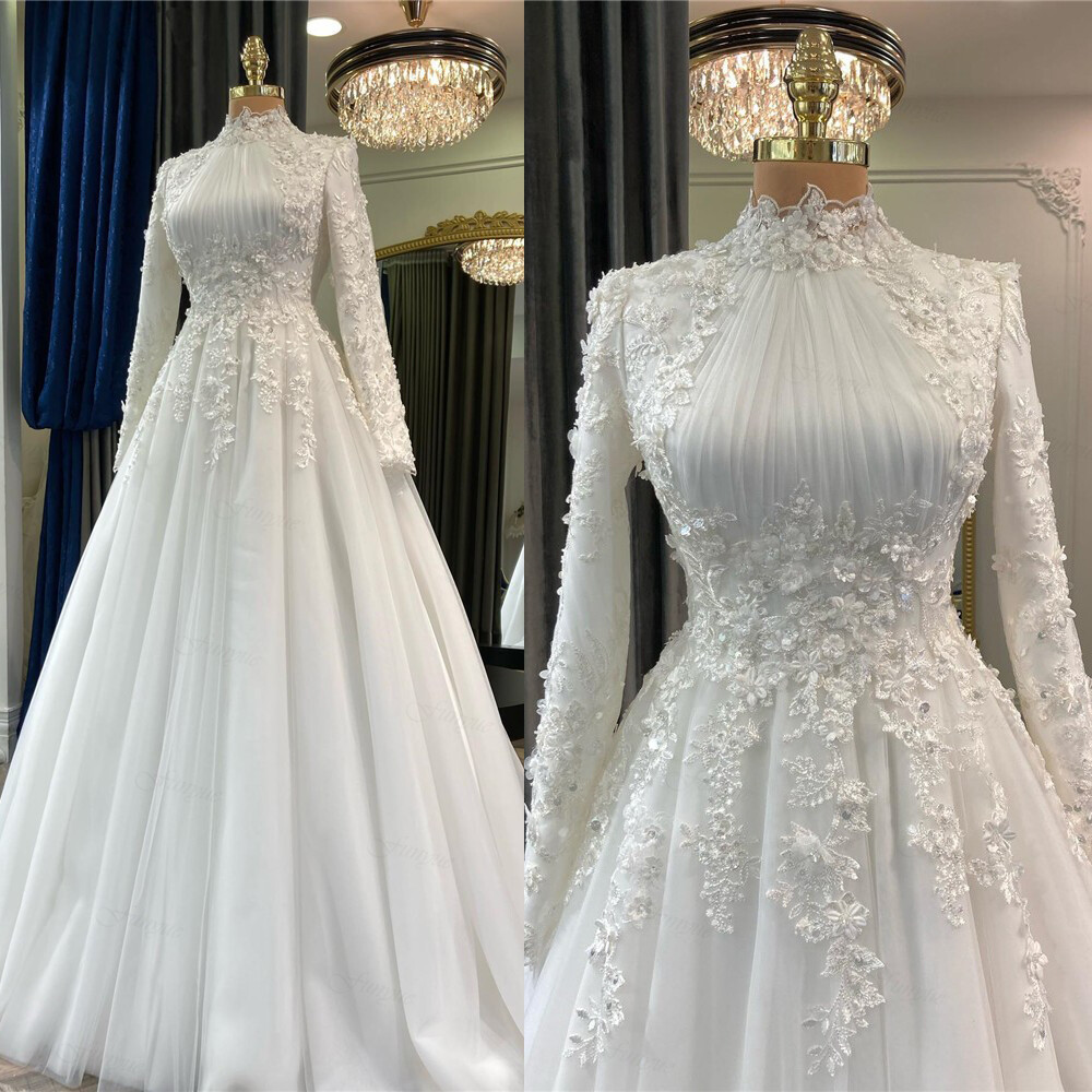 Muslim Wedding Dresses White Long Sleeves High Neck A Line Lace Bridal Gowns